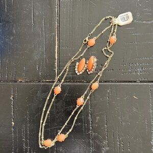 Gold Chain Necklace and earrings with Orange Bead Accents